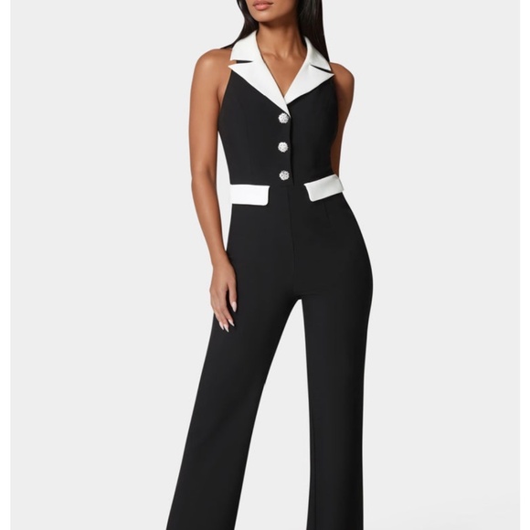 ♦️NWT BEBE white Collar black sleeveless jumpsuit - Picture 1 of 3